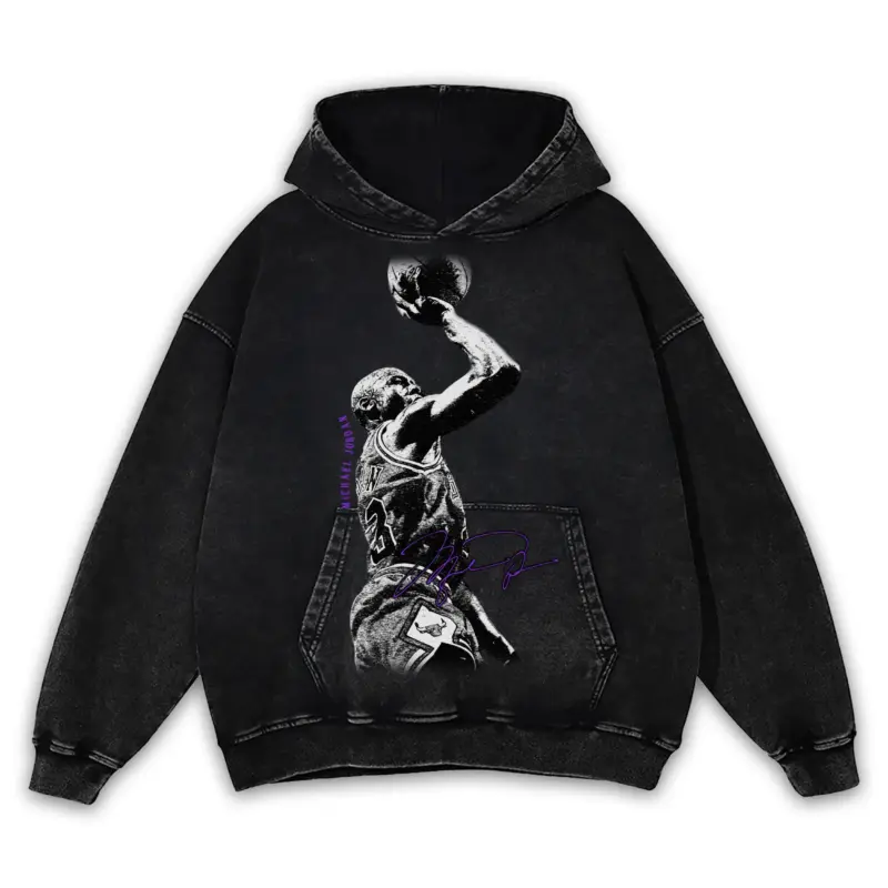 Retro Purple x Michael Jordan 'Jump Shot' Vintage Acid Wash Hoodie - Black