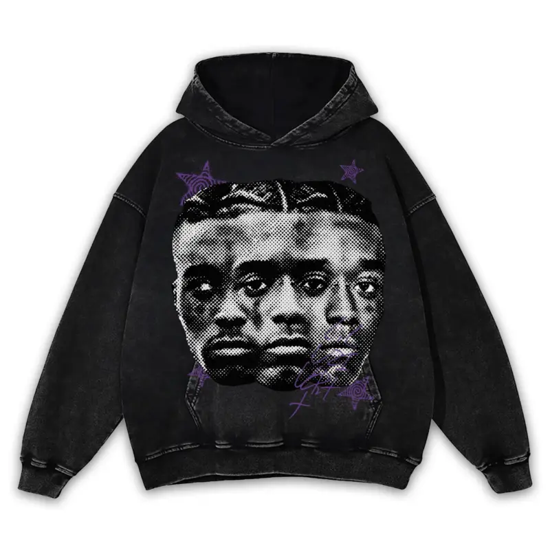 Retro Purple x Lil Uzi Vert 'Triple Face' Vintage Acid Wash Hoodie - Black
