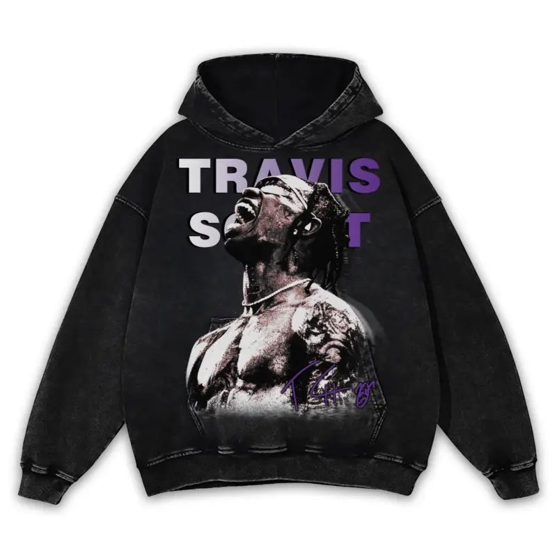 Retro Purple x Travis Scott 'Muscled Upper' Vintage Acid Wash Hoodie - Black