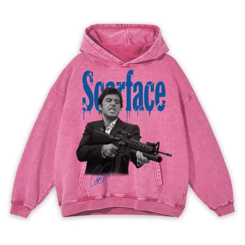 Retro Royal x Scarface 'Machine Gun' Vintage Acid Wash Hoodie - Pink