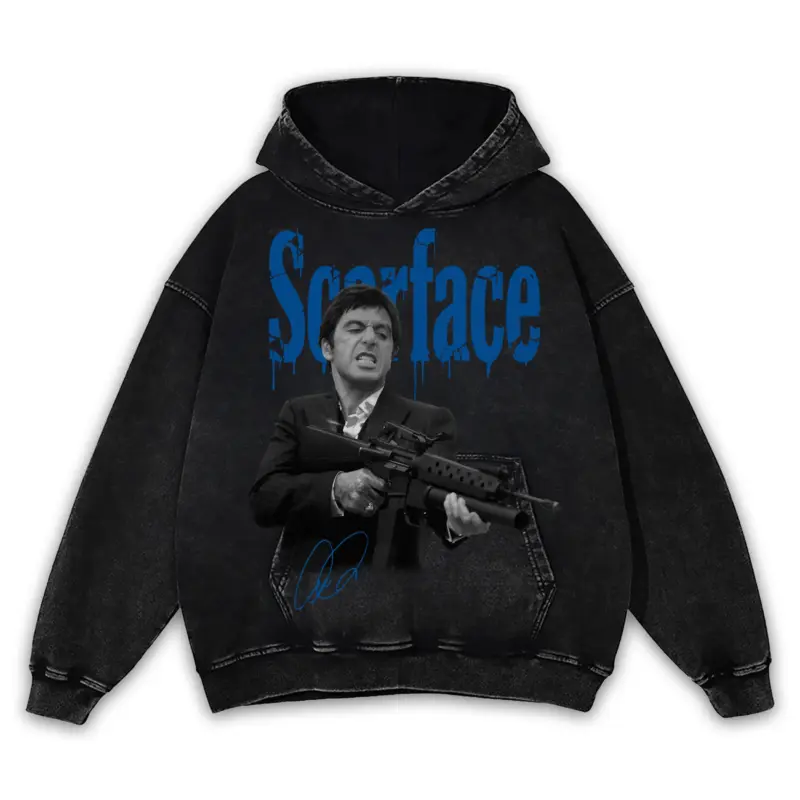 Retro Royal x Scarface 'Machine Gun' Vintage Acid Wash Hoodie - Black