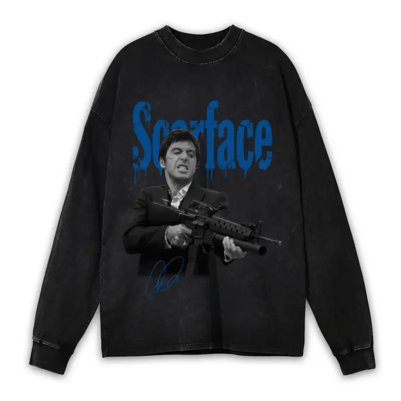 Retro Royal x Scarface 'Machine Gun' Vintage Acid Wash Long Sleeve