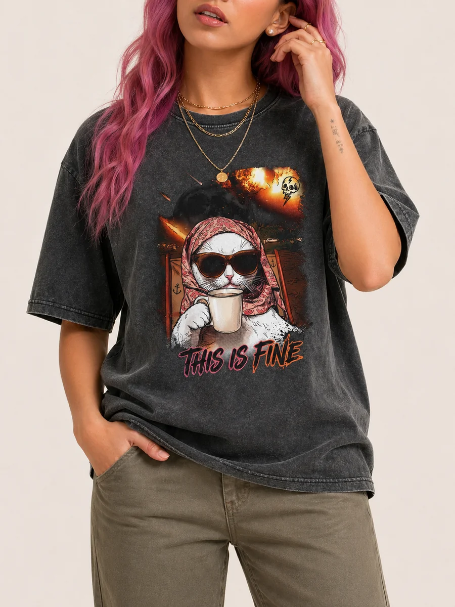 This is fine meme combed cotton loose fit t shirt 2 washed black.webp