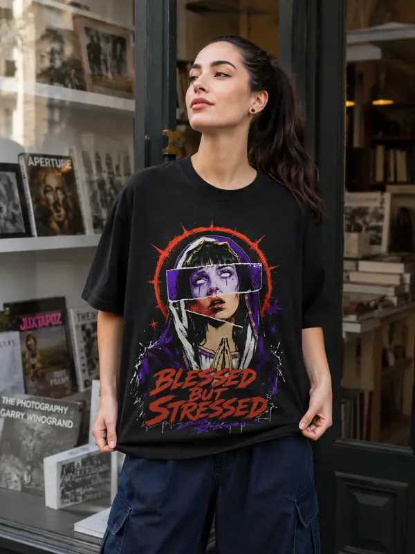 Blessed but stressed oversize tee details 1.webp