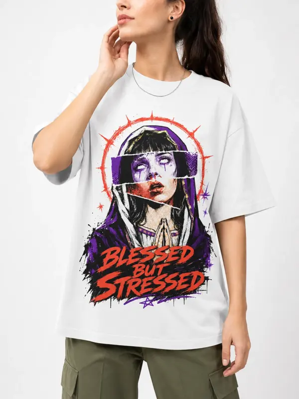 Blessed but stressed oversize tee details 2.webp