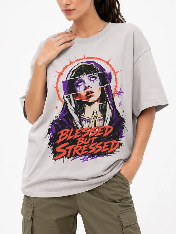 Blessed but stressed oversize tee details 3.webp