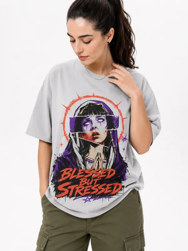 Blessed but stressed oversize tee model 1.webp