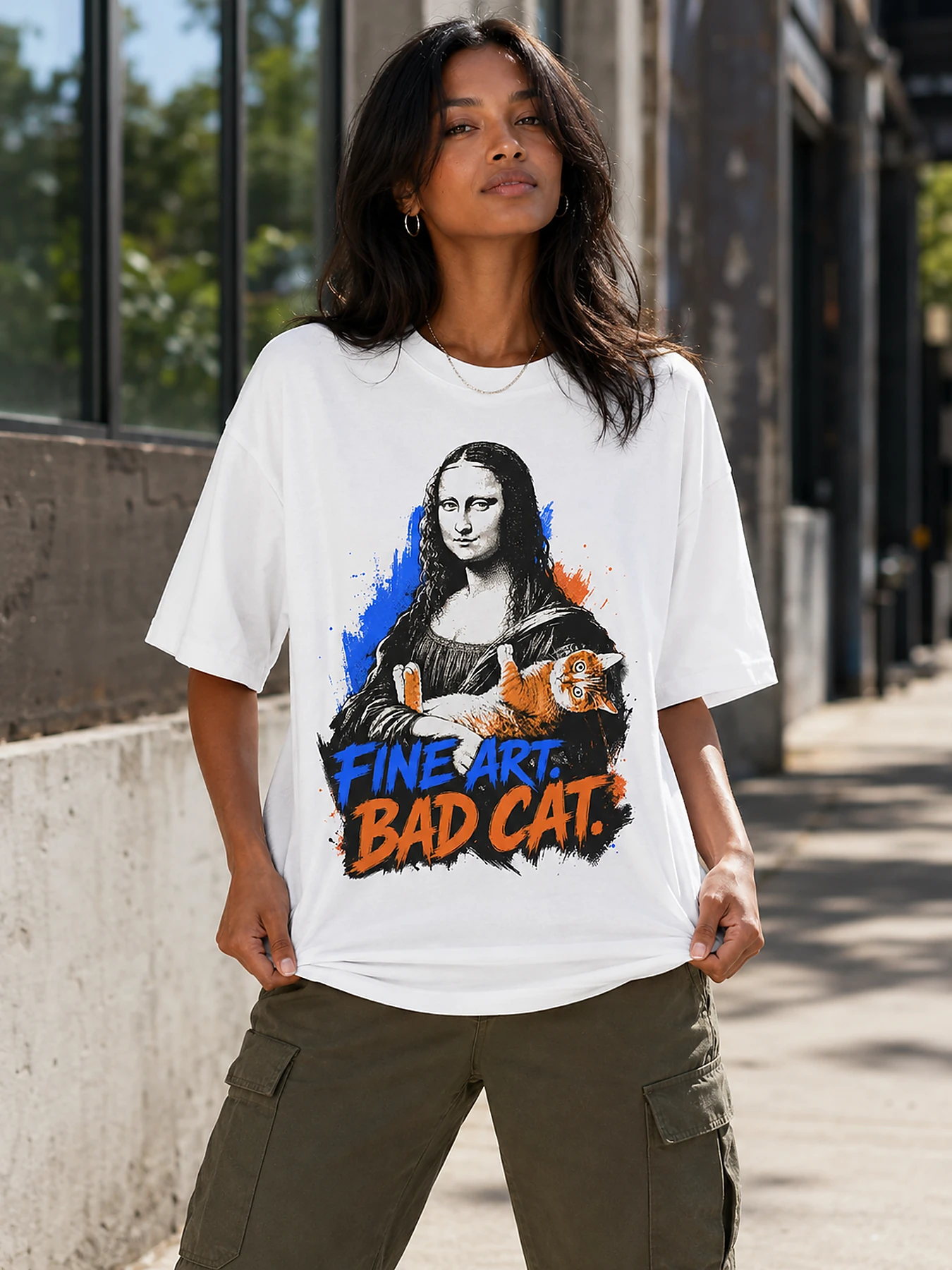 Fine art bad cat oversize tee model 1.webp