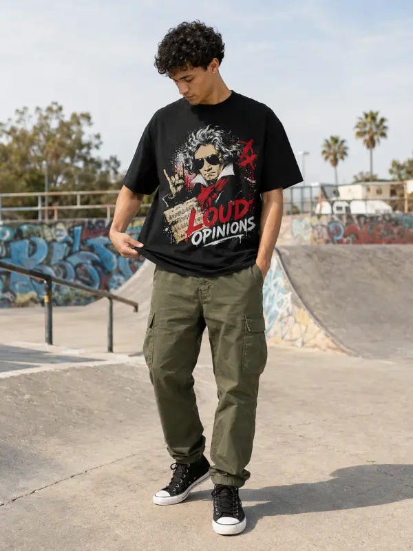 Loud opinions oversize tee model 1.webp