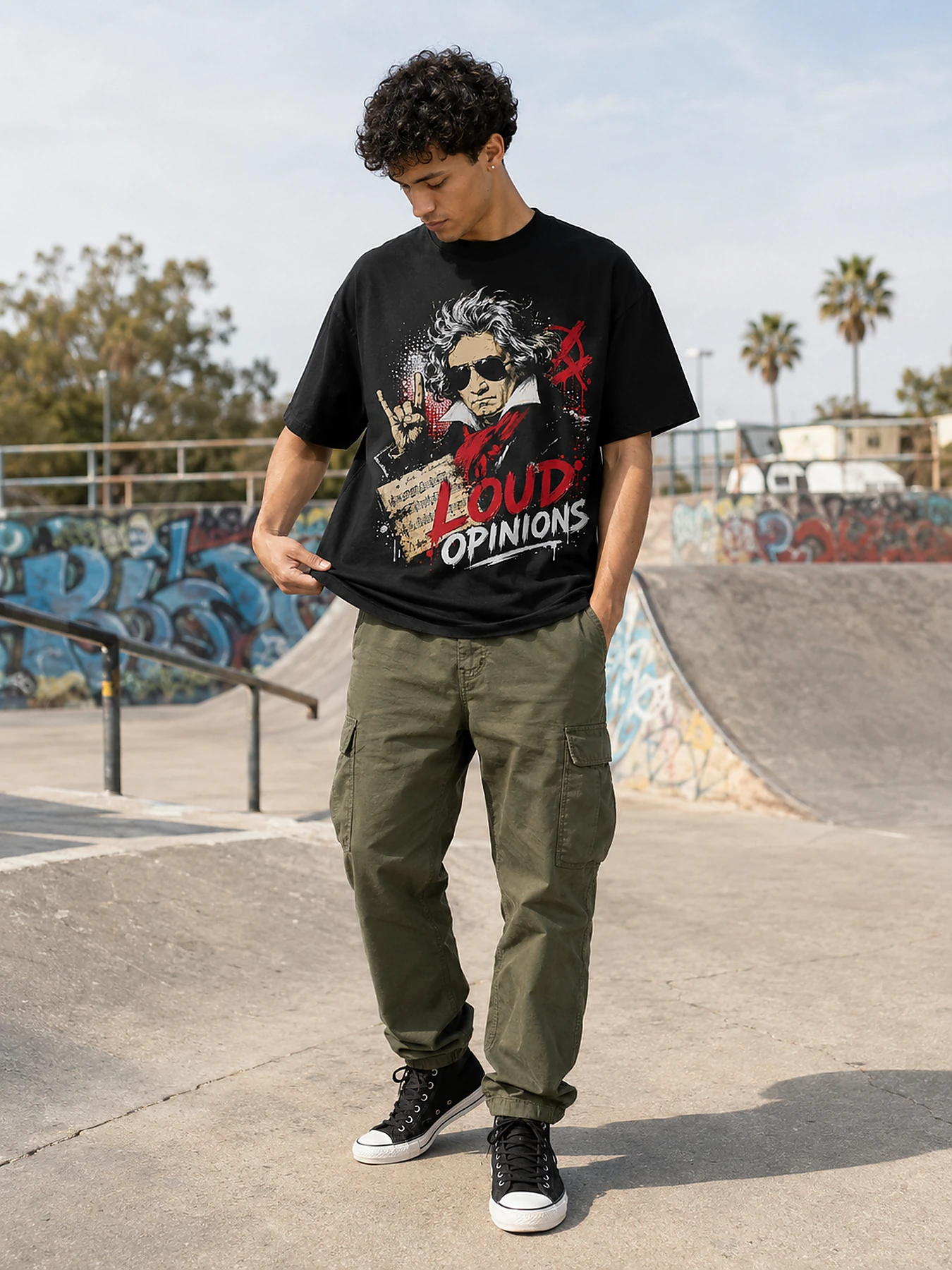Loud opinions oversize tee model 1.webp