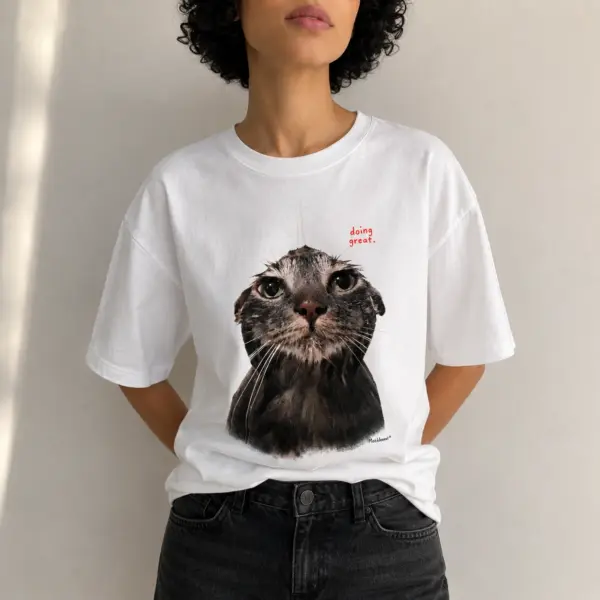 Doing great wet cat graphic tee 1 doing20great20wet20cat model.webp