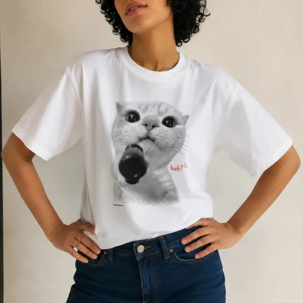 Huh microphone cat graphic tee 1 huh20microphone20cat model.webp