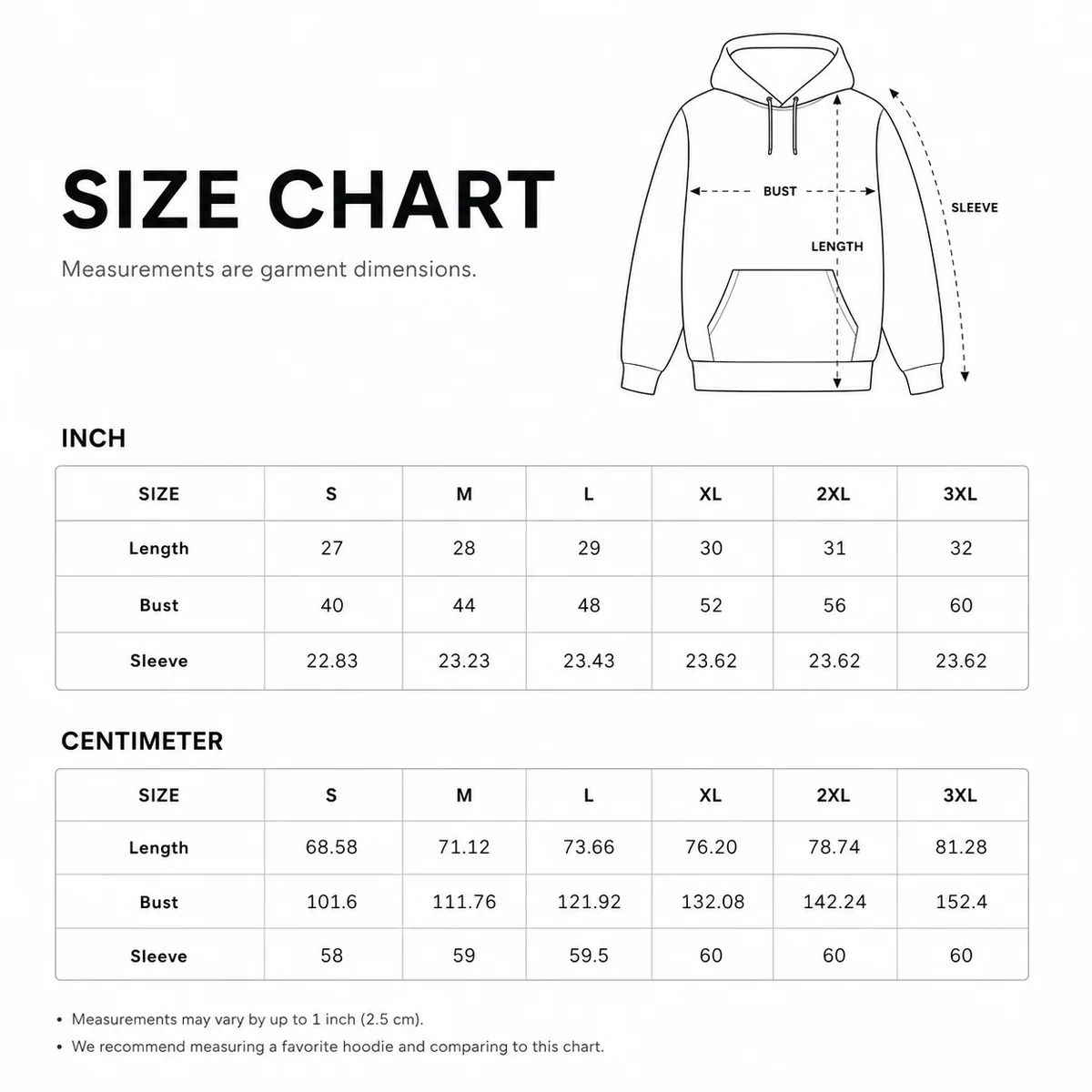 Sizechart hoodie