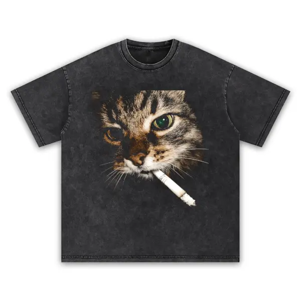 Smoking cat vintage graphic t shirt acid wash tee