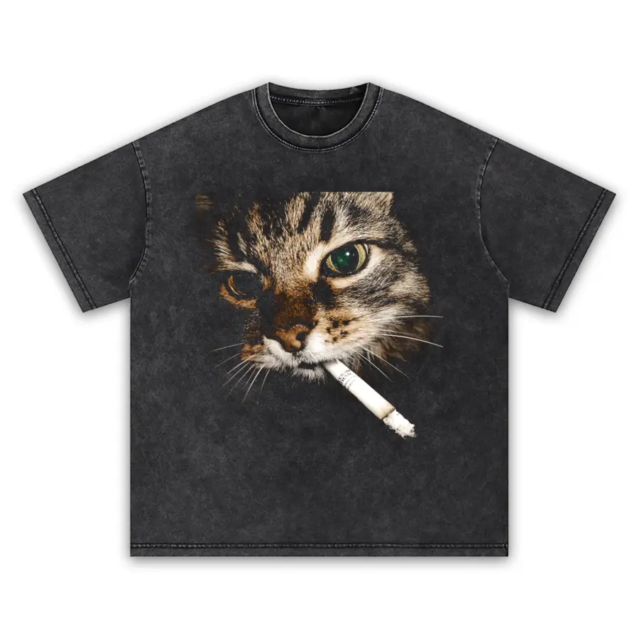 Smoking cat vintage graphic t shirt acid wash tee
