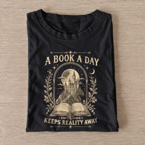 A book a day keeps reality away t shirt black20book a day.webp