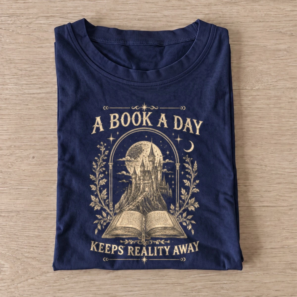 A book a day keeps reality away t shirt navy20book a day.webp