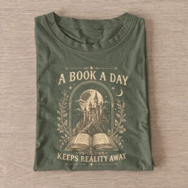 A book a day keeps reality away t shirt olive20book a day.webp