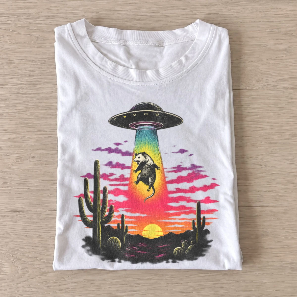 Abducted raccoon ufo desert t shirt white20abducted raccoon.webp