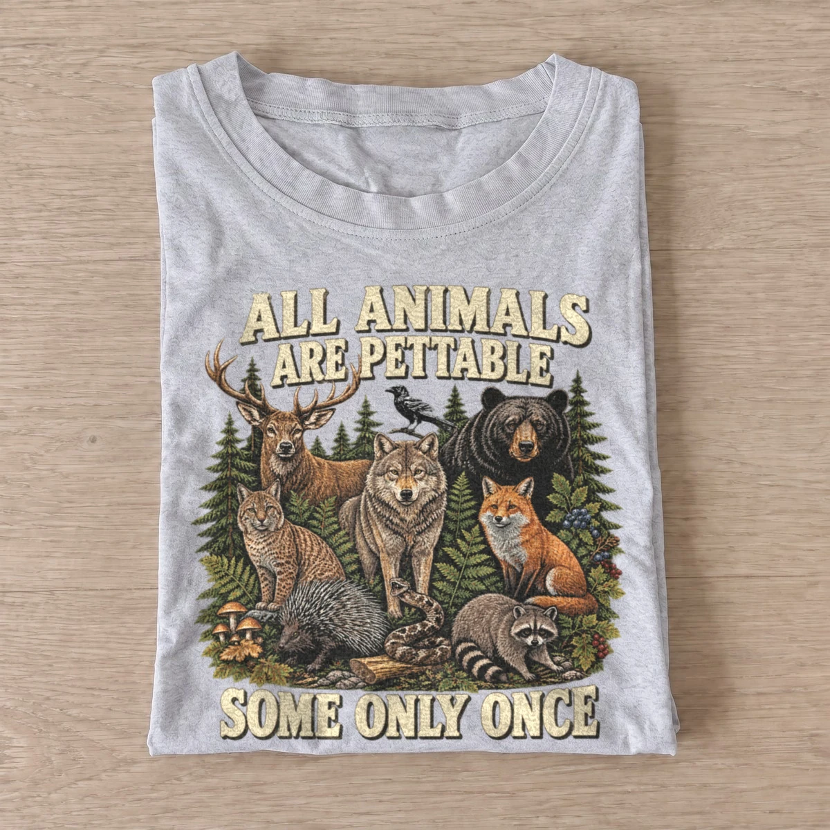 All animals are pettable woodland animals t shirt gray20pettable woodland pack.webp