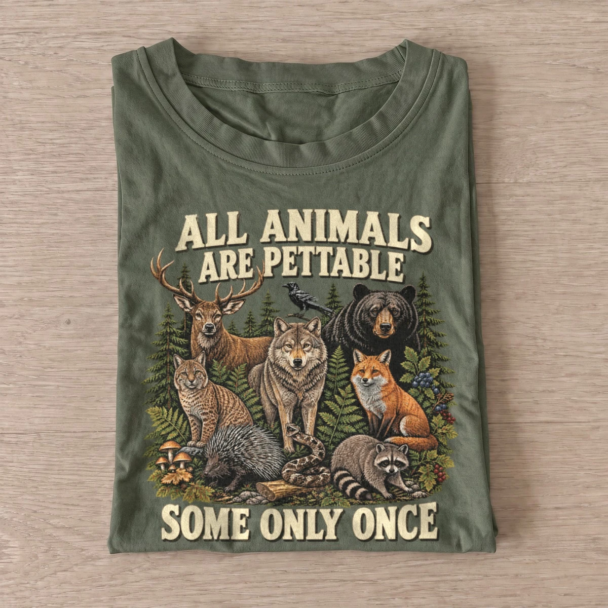 All animals are pettable woodland animals t shirt olive20pettable woodland pack.webp