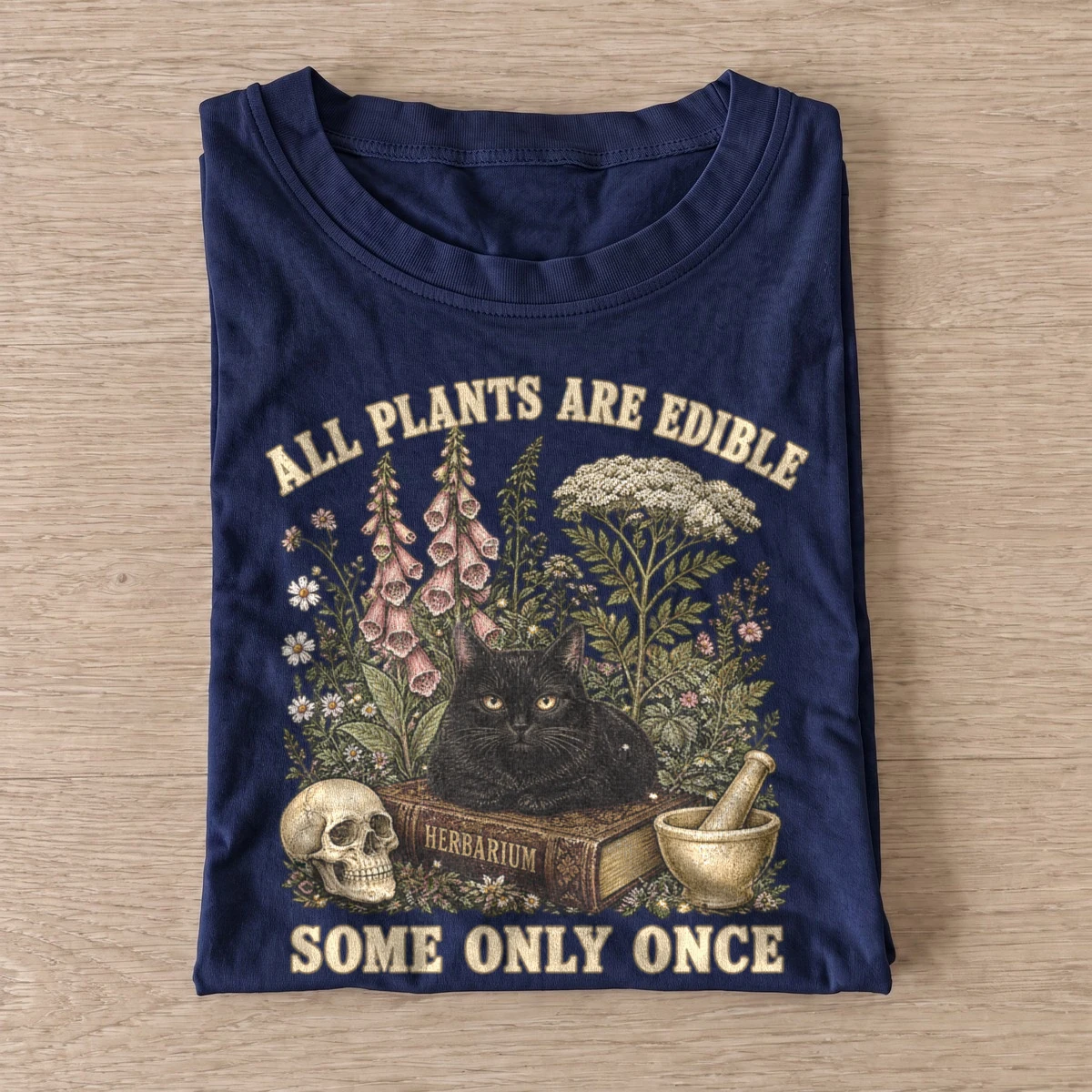 All plants are edible herbarium black cat t shirt navy20herbarium black cat.webp