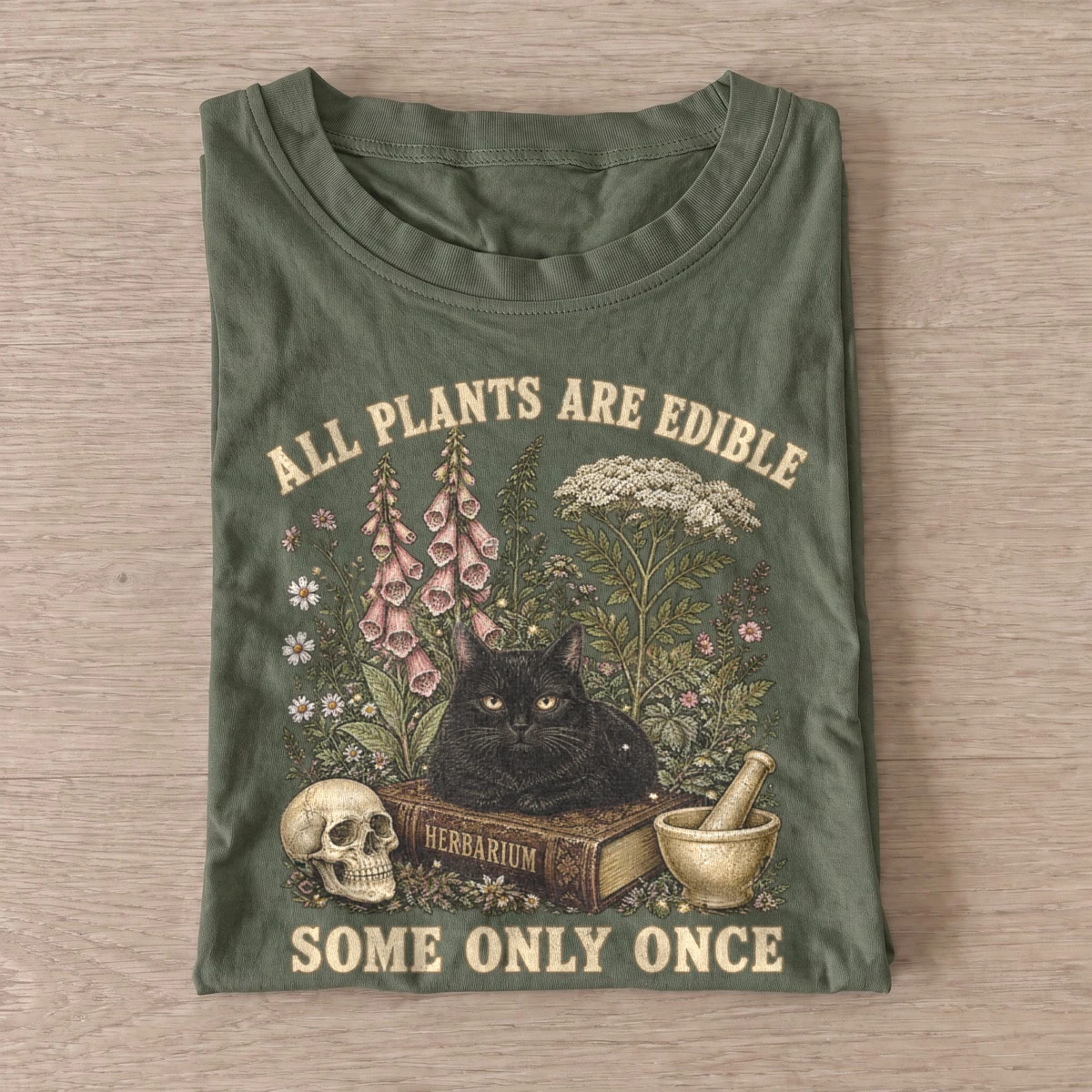All plants are edible herbarium black cat t shirt olive20herbarium black cat.webp