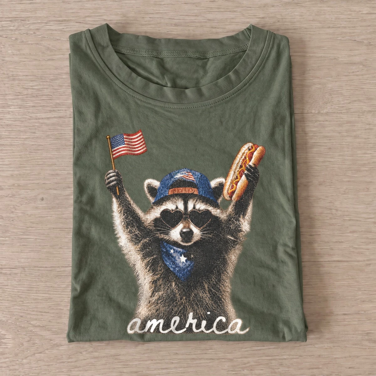 America hotdog raccoon graphic t shirt olive20america hotdog raccoon.webp