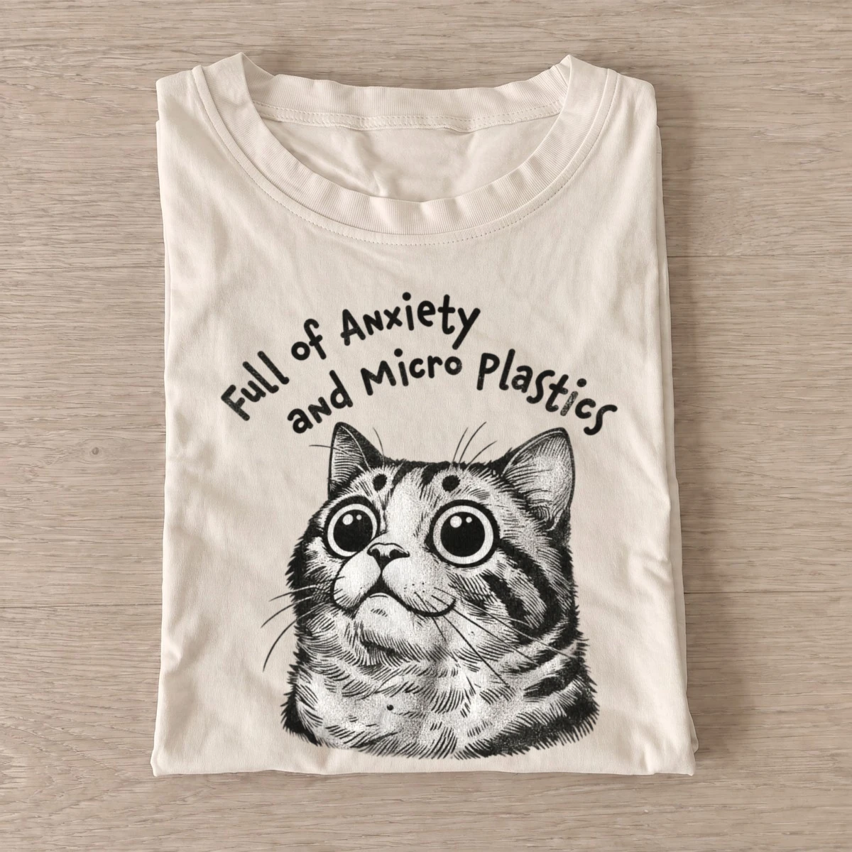 Anxious microplastic cat graphic t shirt sand20anxious microplastic cat.webp
