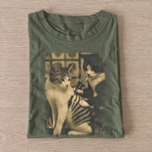 Armed cat duo graphic t shirt olive20armed cat duo.webp