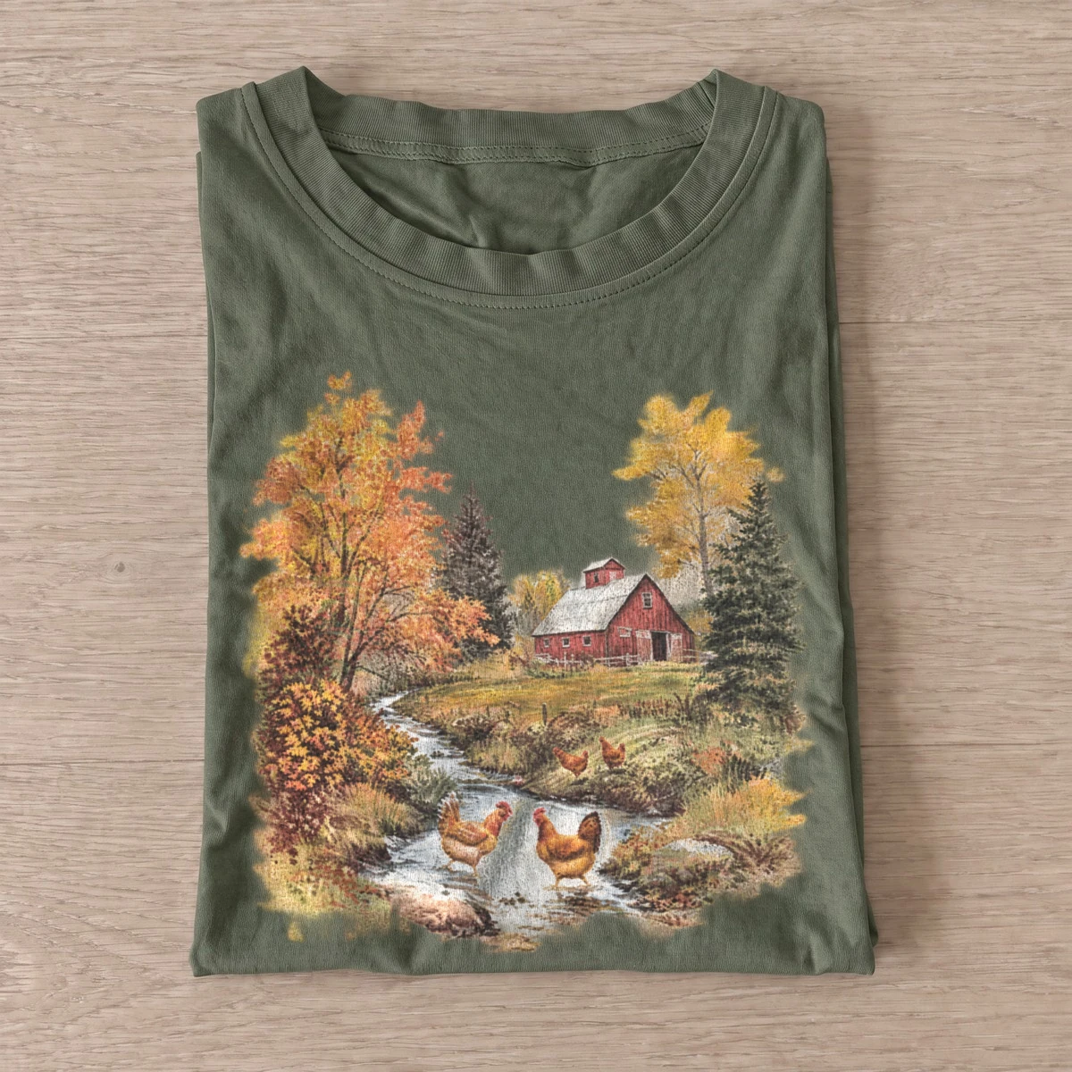 Autumn farm chickens t shirt olive20autumn farm chickens.webp