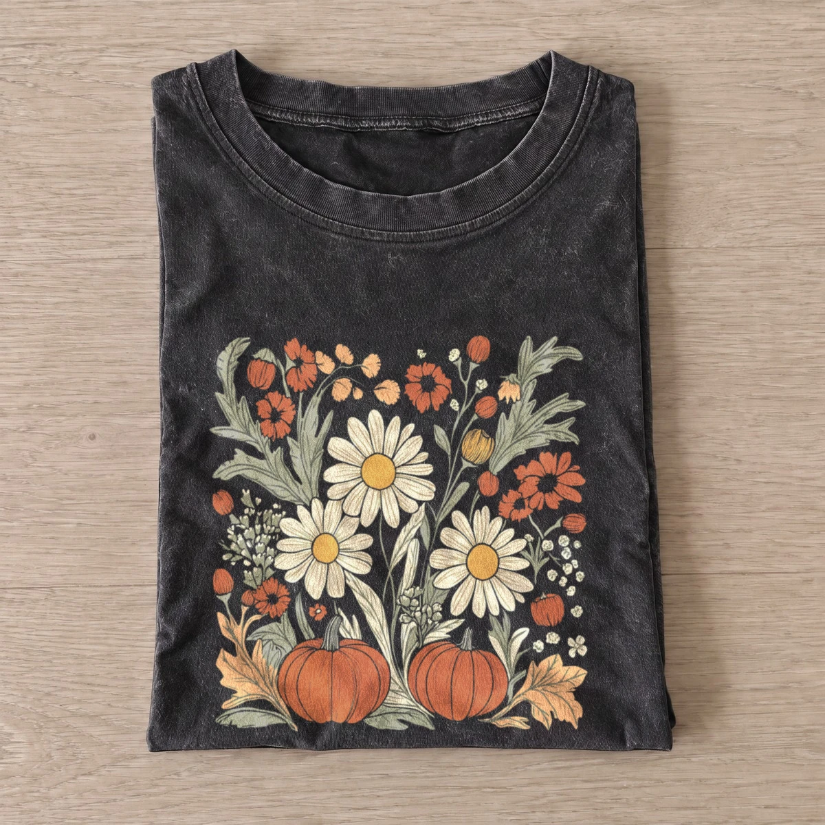 Autumn flower pumpkins vintage t shirt washed20black20autumn flower pumpkins.webp