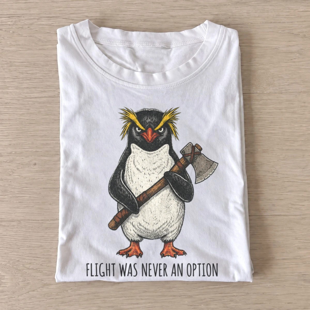 Axe wielding penguin flight was never an option t shirt white20axe wielding penguin.webp