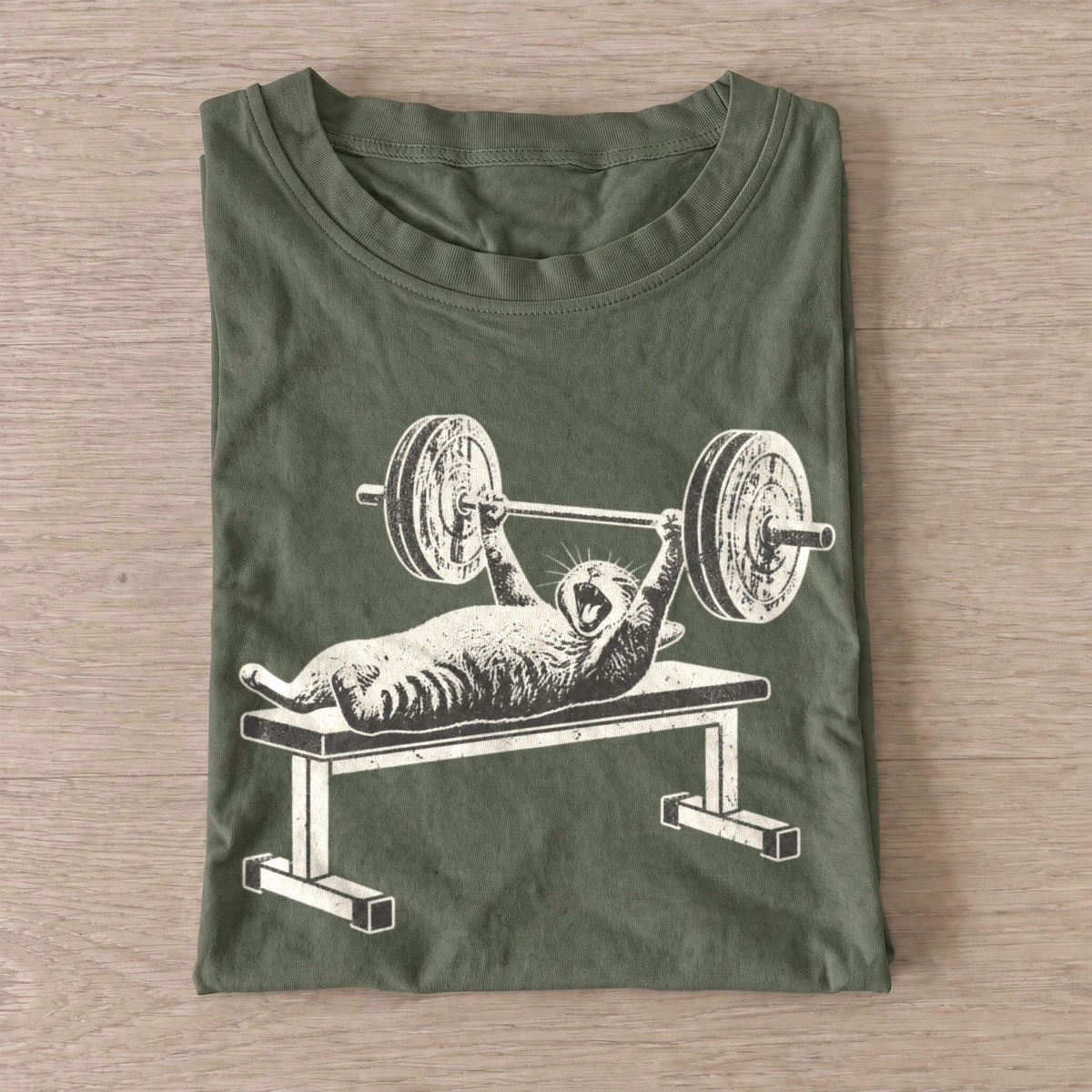 Bench press cat graphic t shirt olive20bench press cat.webp