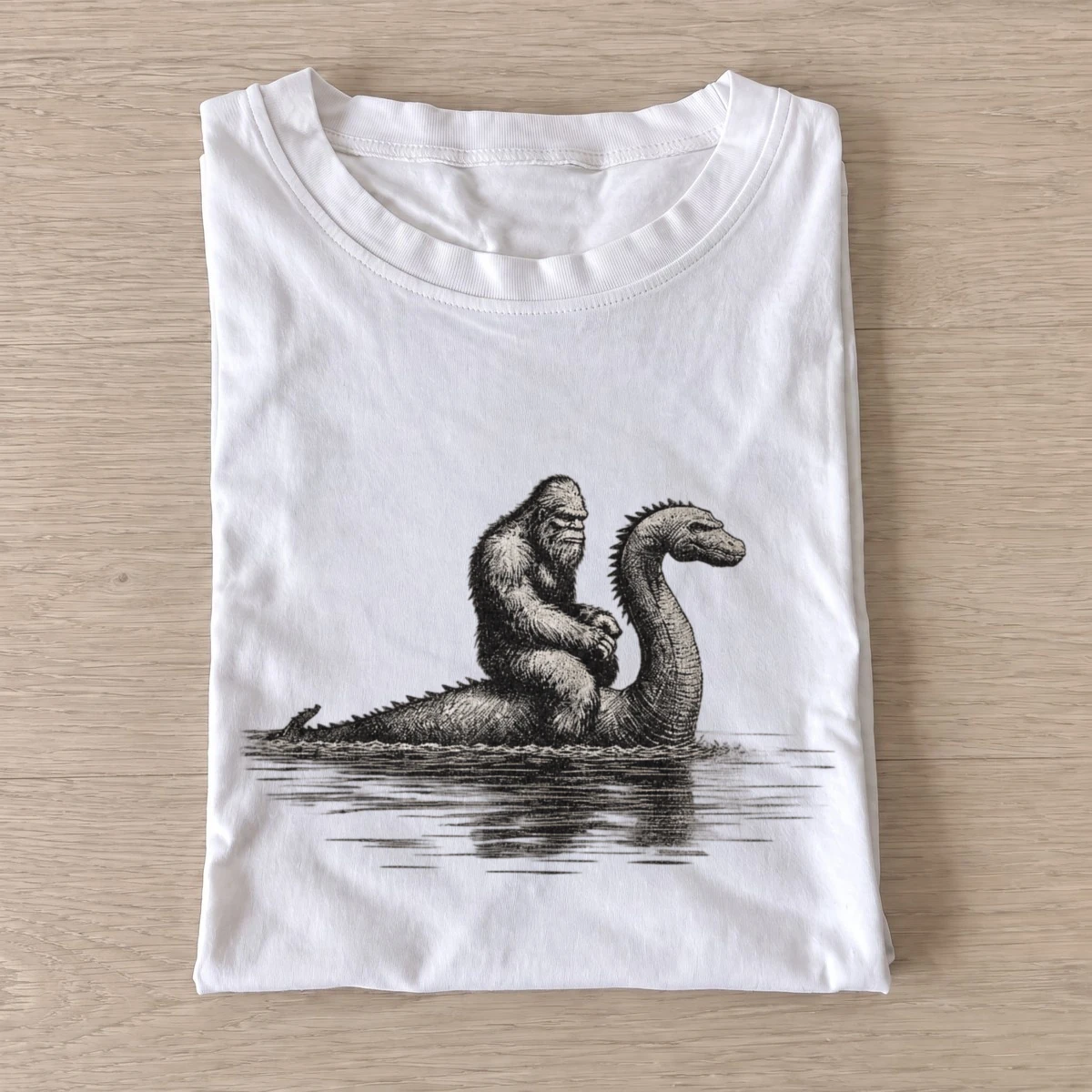 Bigfoot riding loch ness monster t shirt white20river otter.webp