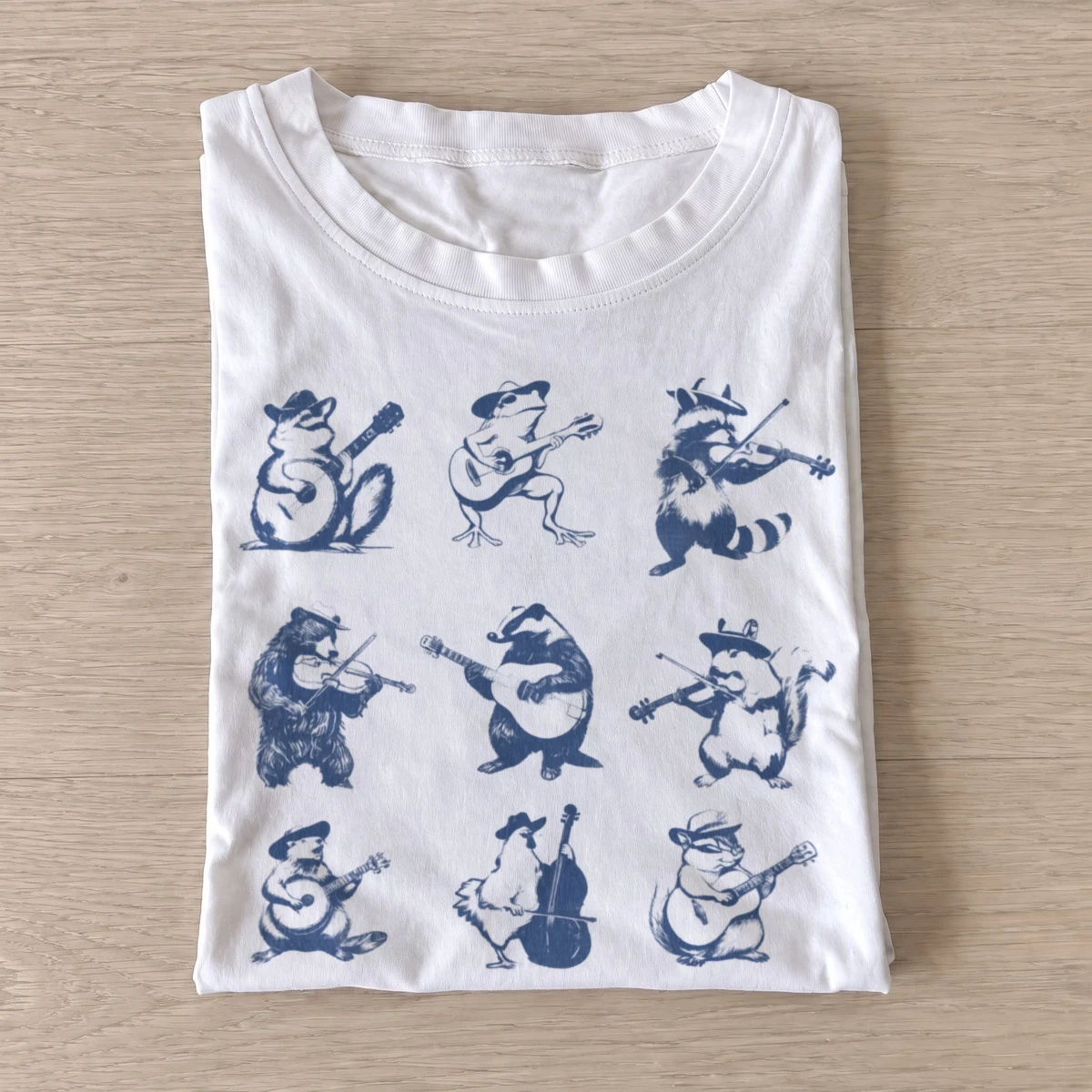 Blue folk animal musicians t shirt white20blue folk musicians.webp