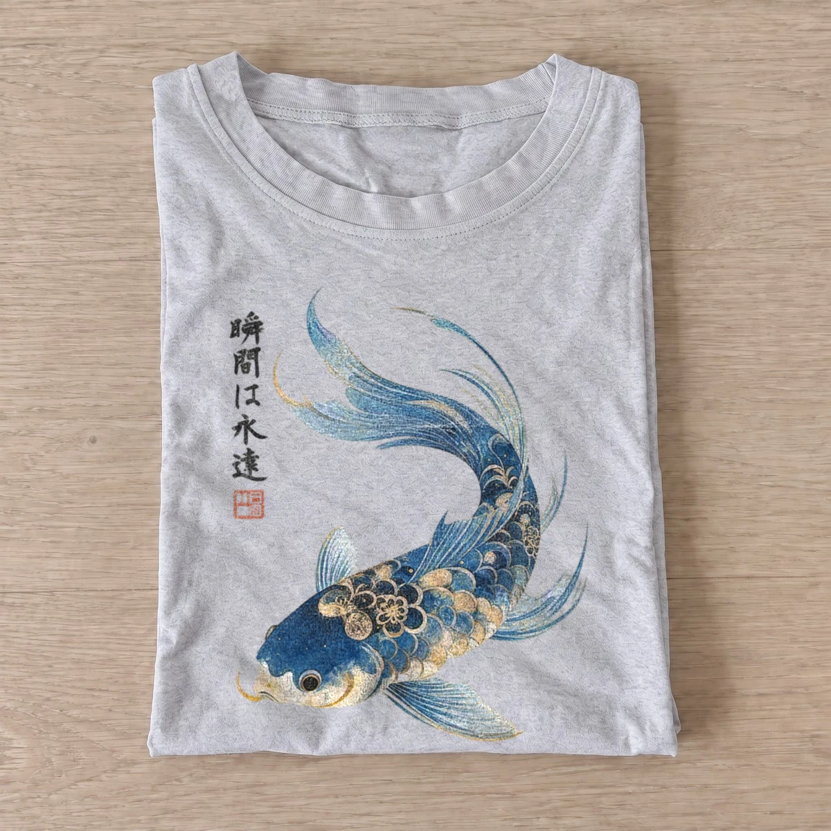 Blue and gold koi fish t shirt gray20blue gold koi.webp