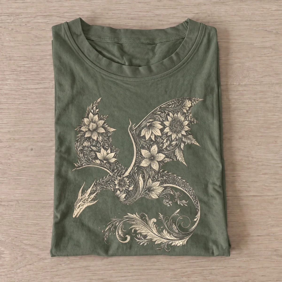 Botanical floral dragon t shirt olive20floral dragon.webp