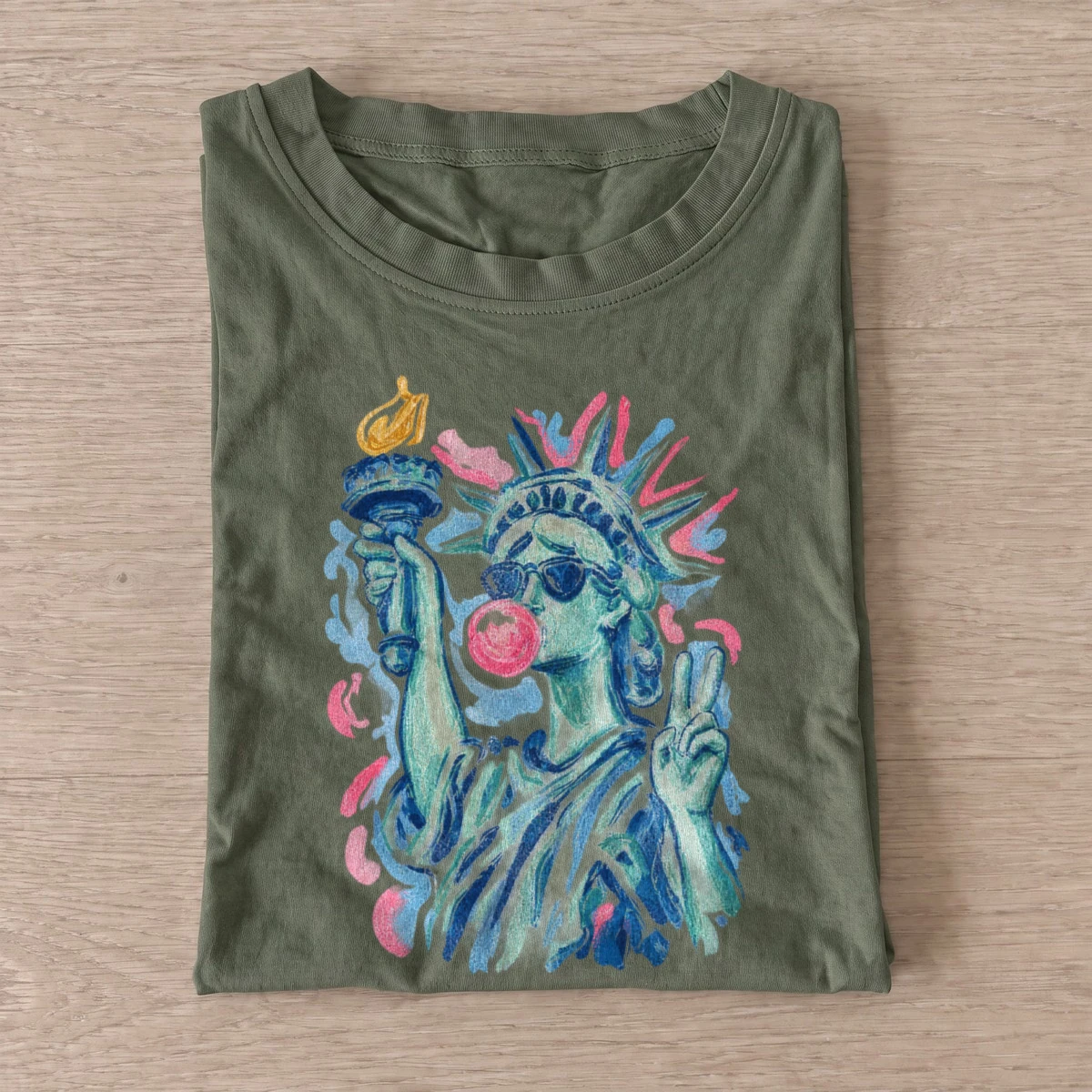 Bubblegum peace statue of liberty t shirt olive20bubblegum peace liberty.webp