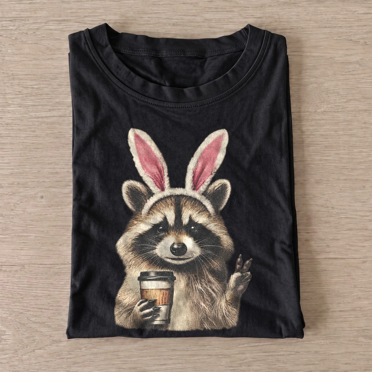 Bunny ears raccoon with coffee t shirt black20bunny ear raccoon.webp