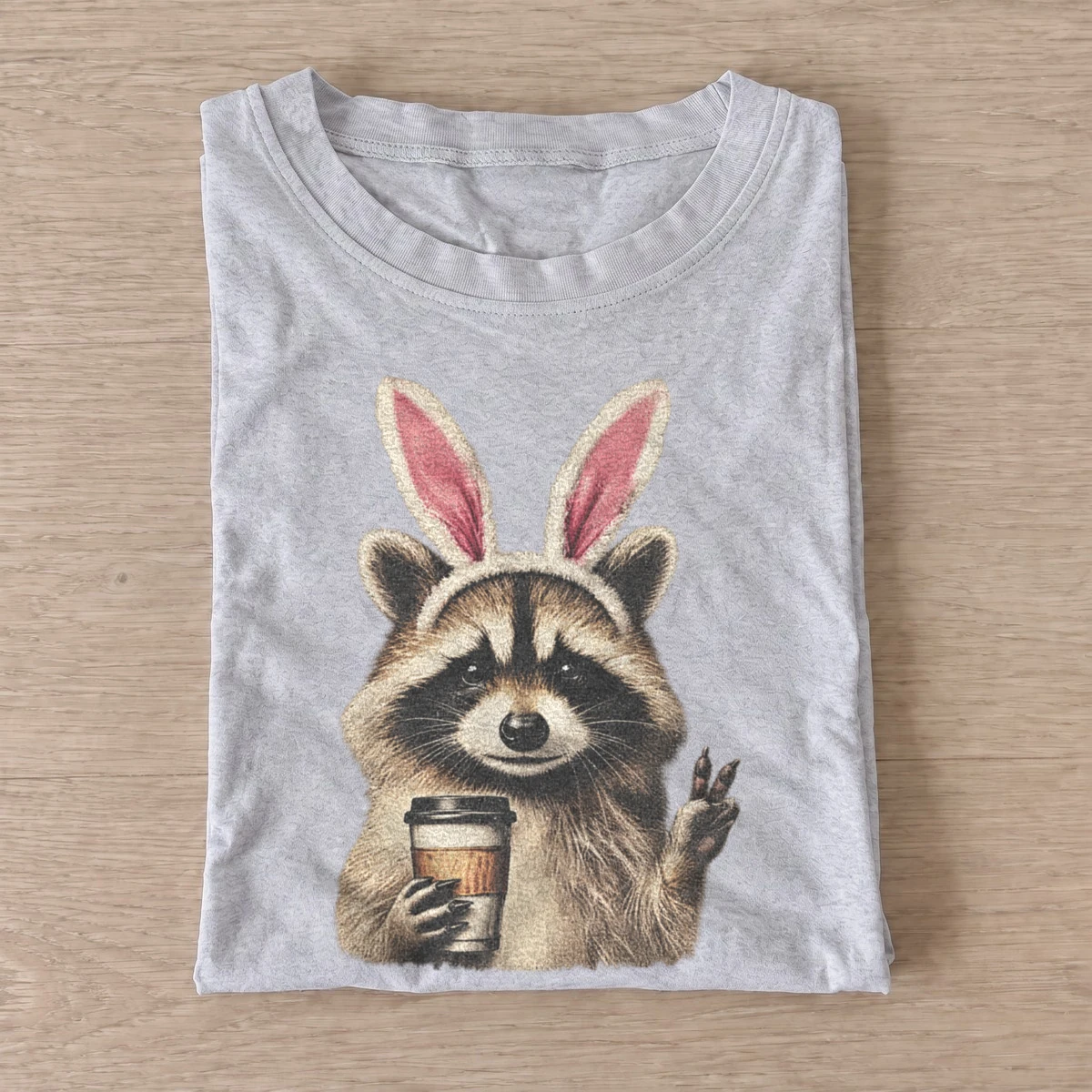 Bunny ears raccoon with coffee t shirt gray20bunny ear raccoon.webp