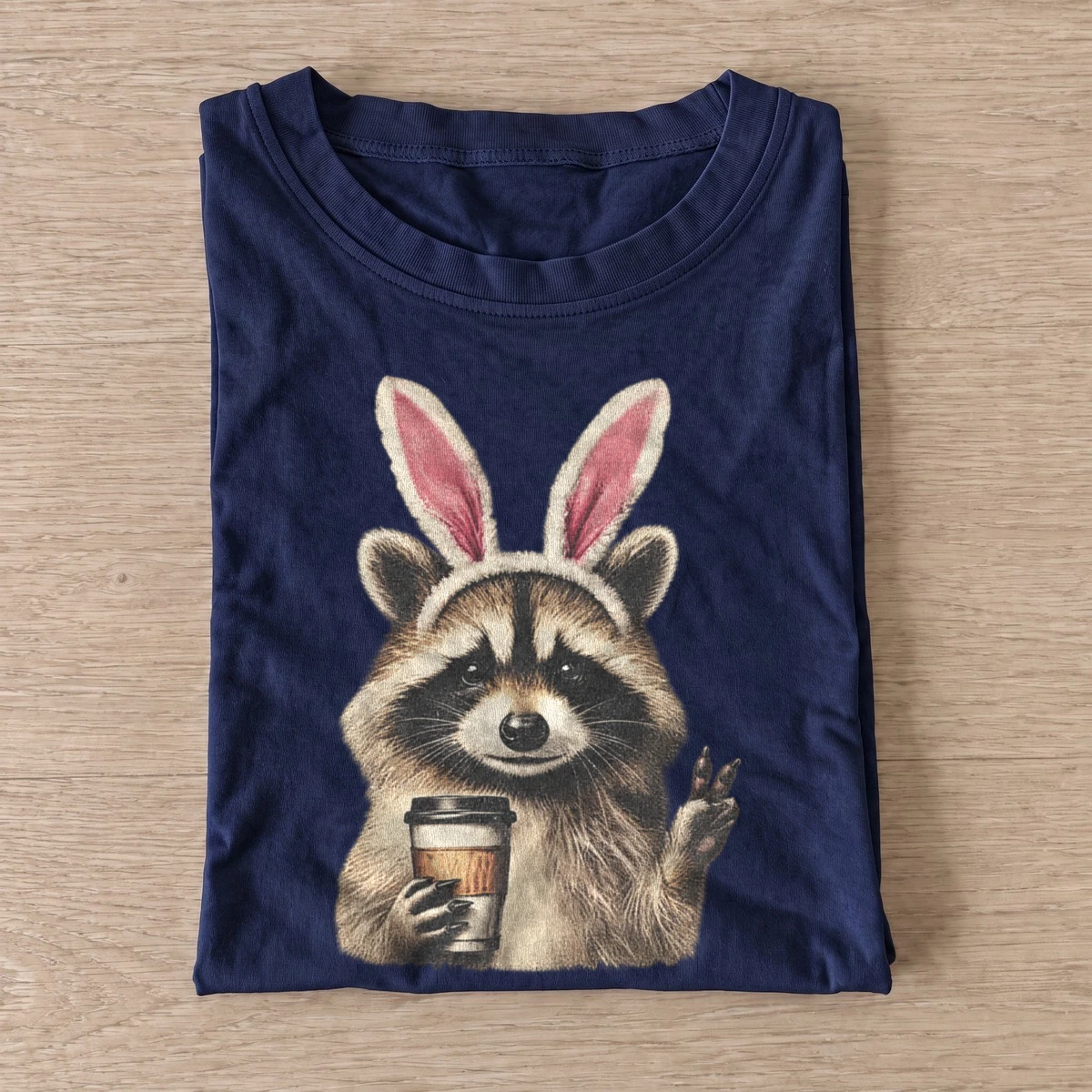 Bunny ears raccoon with coffee t shirt navy20bunny ear raccoon.webp