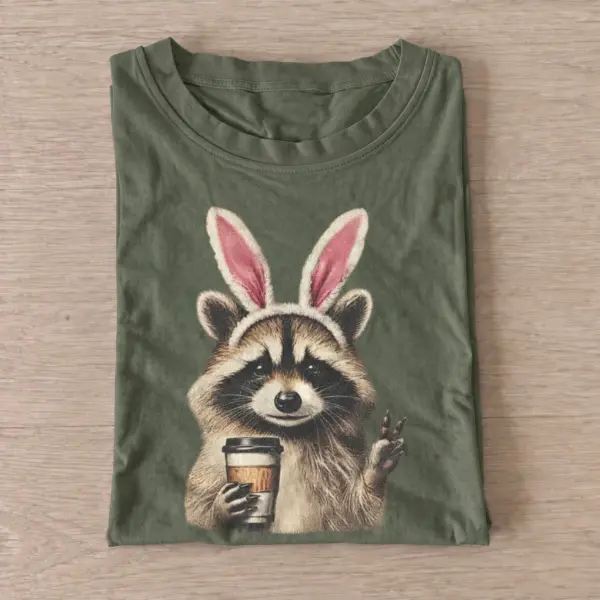 Bunny ears raccoon with coffee t shirt olive20bunny ear raccoon.webp