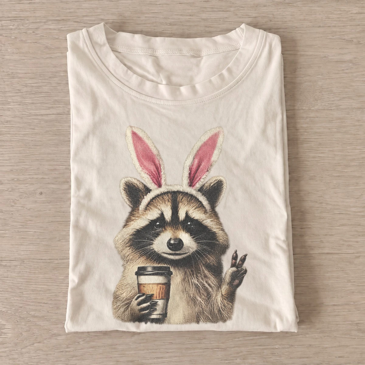 Bunny ears raccoon with coffee t shirt sand20bunny ear raccoon.webp