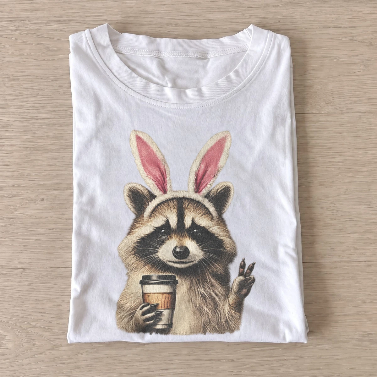 Bunny ears raccoon with coffee t shirt white20bunny ear raccoon.webp
