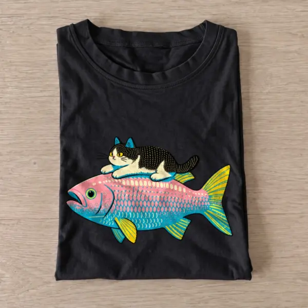 Cat rides fish t shirt black20cat rides fish.webp