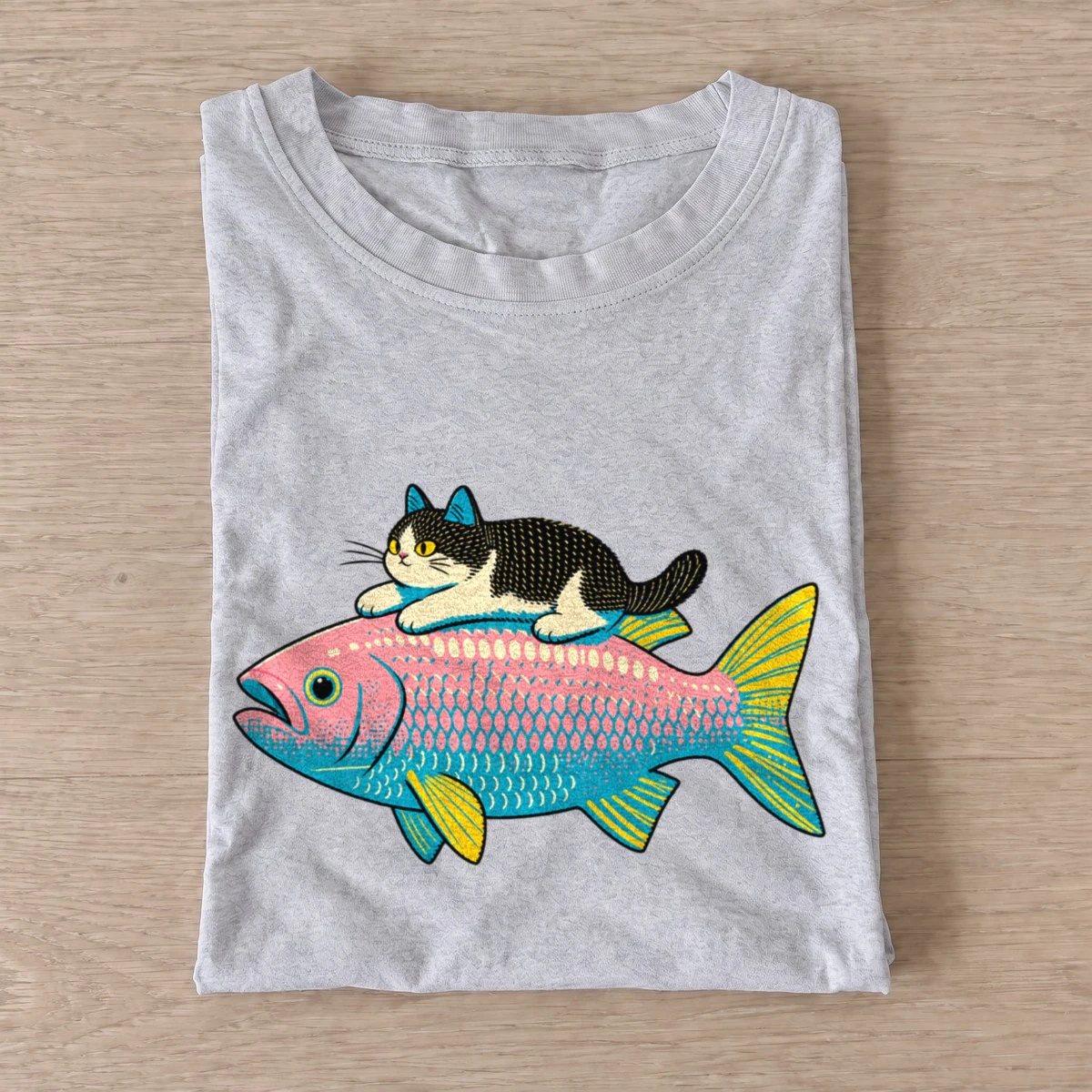 Cat rides fish t shirt gray20cat rides fish.webp