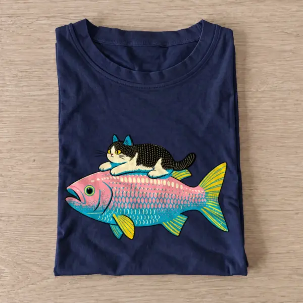 Cat rides fish t shirt navy20cat rides fish.webp