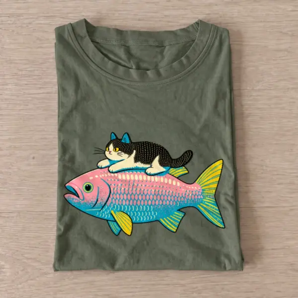 Cat rides fish t shirt olive20cat rides fish.webp