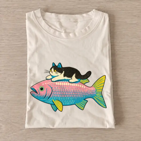 Cat rides fish t shirt sand20cat rides fish.webp
